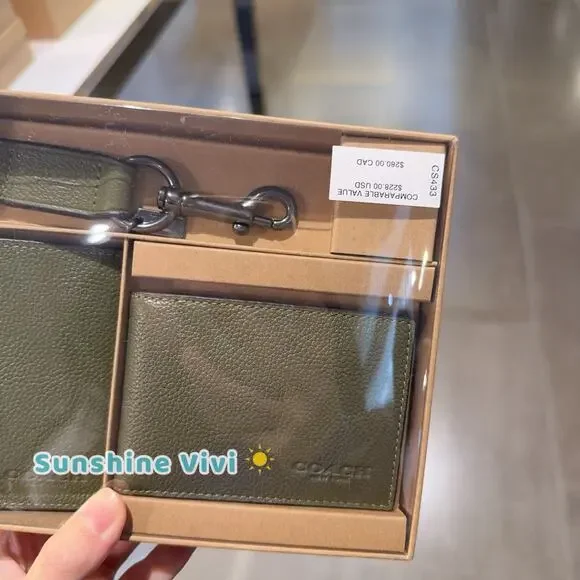 NWT Coach Boxed 3 In 1 Bifold Wallet Set With Key Fob Leather CS433 Olive - Picture 2 of 6